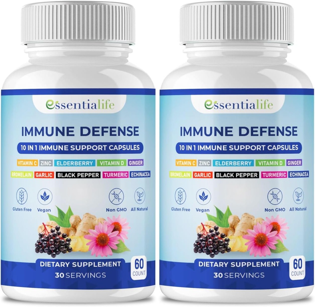 Integratore di supporto immunitario - 2 pacchetti 10 in 1 Elderberry, Echinacea, Vitamina D, Vitamina C 1000mg & Zinc Supplement - con Booster immunitario per adulti - 120 capsule di vitamine