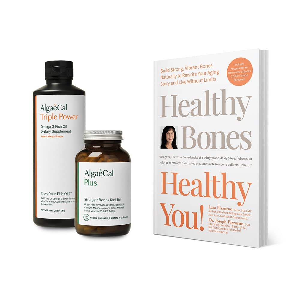 ALGAECAL Bundle - Supplemento di calcio con vitamina D + K2, Mag, Boron & Omega 3 Fish Oil con EPA & DHA e Libro di Lara Pizzorno Salute Bones Salute Tu, per aumentare la salute di Bone