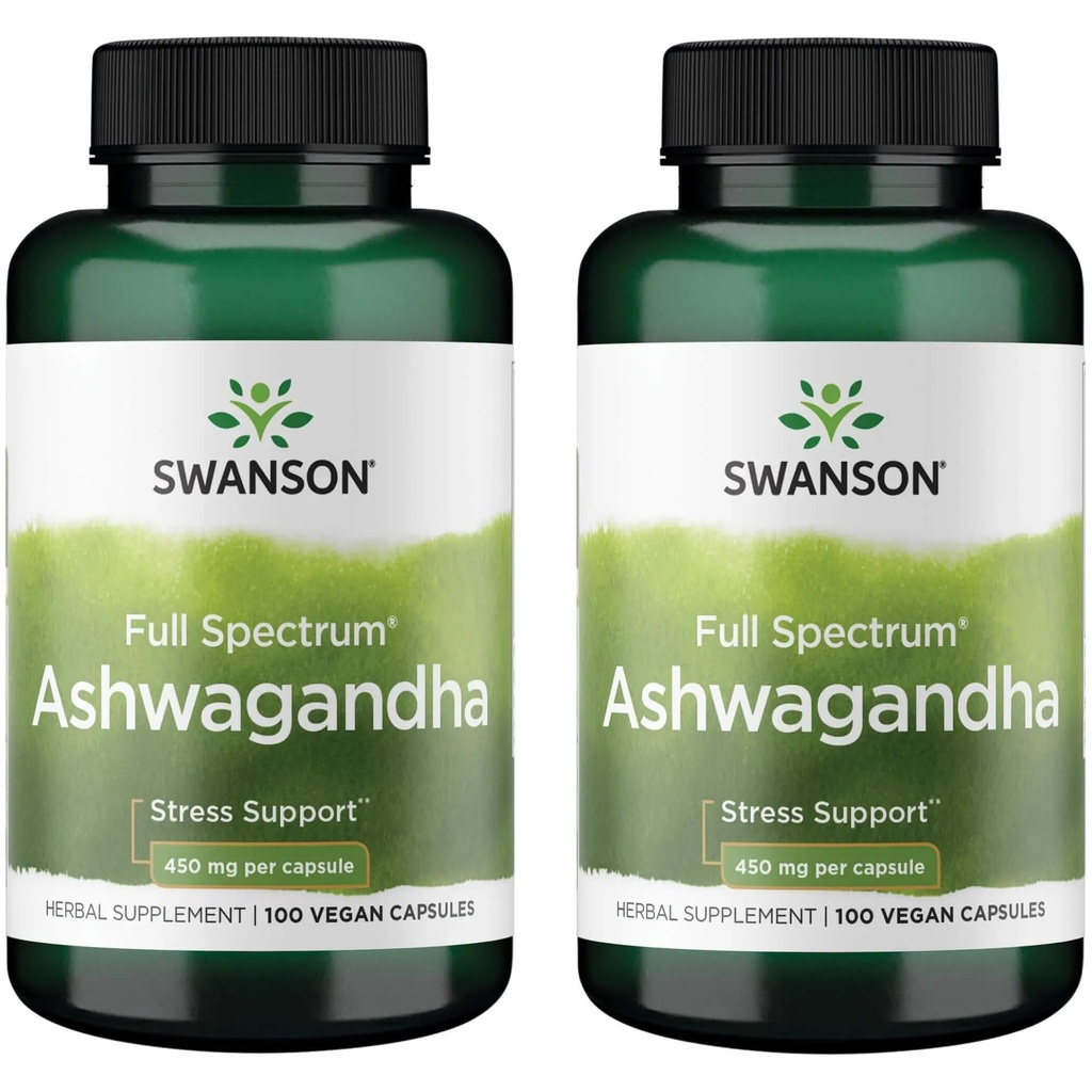 Swanson Ashwagandha Powder Supplement - con Ashwagandha Root per promuovere lo stress e l'energia - supplemento ayurvedico per il benessere naturale (100 capsule, 450 mg ogni) 2 confezione