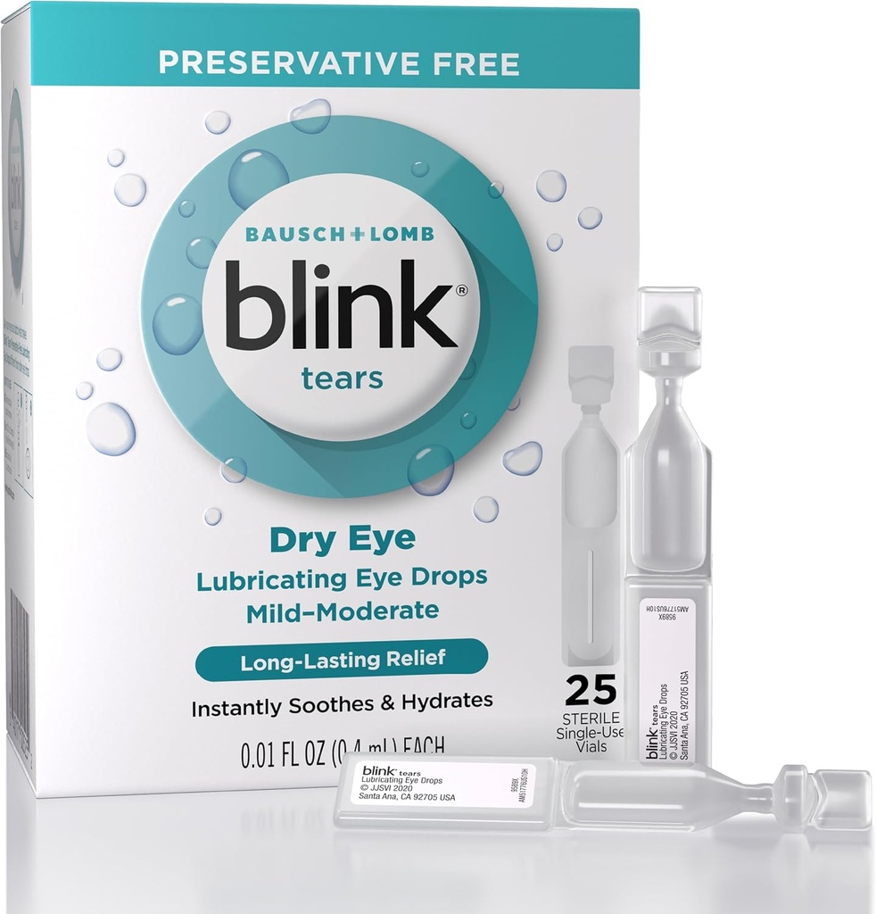 Blink Lacrime Lubrificanti Occhi Gocce Preservative Libero, idratante e lenitivo per occhio delicato a moderato asciutto, con Hyaluronate, riduce Discomfort, Idratazione a lunga durata, 0.01 Vial mono-Use, 25 Conte