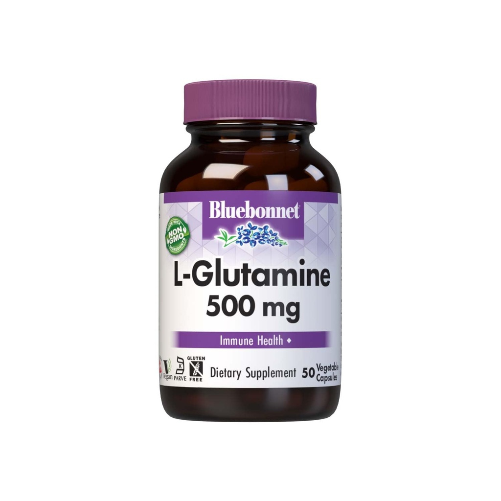 Bluebonnet Nutrition L-Glutamine 500mg, Supporta la funzione immunitaria, Nitrogen Transporter, Soy & Gluten-Free, Non OGM, Kosher Certified, Vegan, 50 capsule vegetali, Bianco, 50 Conte