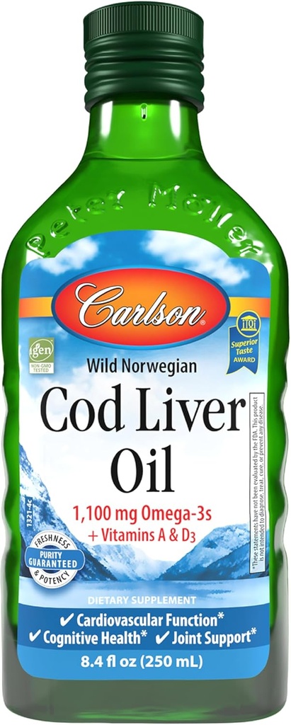 Carlson - Cod Liver Oil 1100 mg Omega-3s Plus Vitamine A & D3 - Wild Caught EPA DHA Omega 3 Supplemento - Norvegese Artico, Sostenibilmente Fonte Nordic Fish Oil Liquid, Unflavored, 250 mL (8.4 Fl Oz)