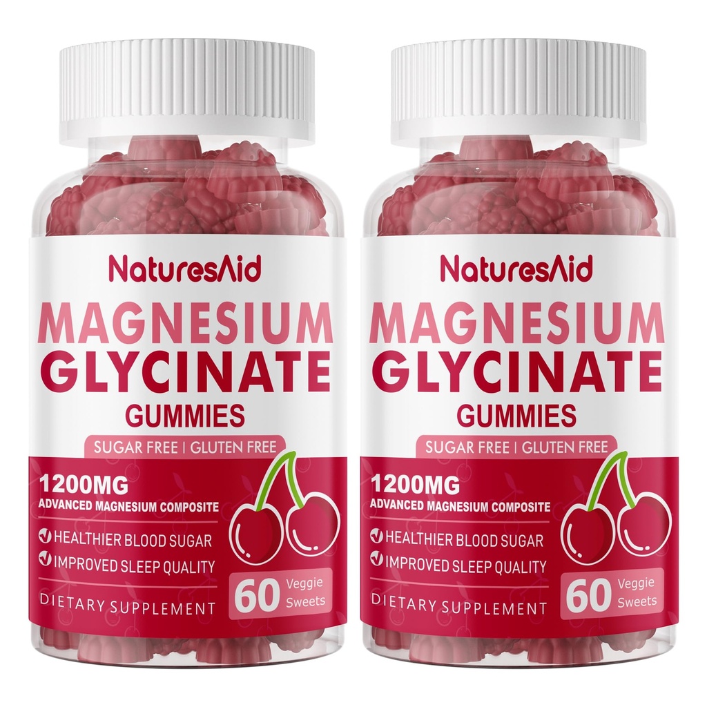 Magnesio Glycinate Gummies 1000mg - Zucchero Gratuito Magnesio Potassio Supplemento con Vitamina D, B6, CoQ10 per Calma Mood & Sleep Support - 120 Cherry Gummies -2 Pack.