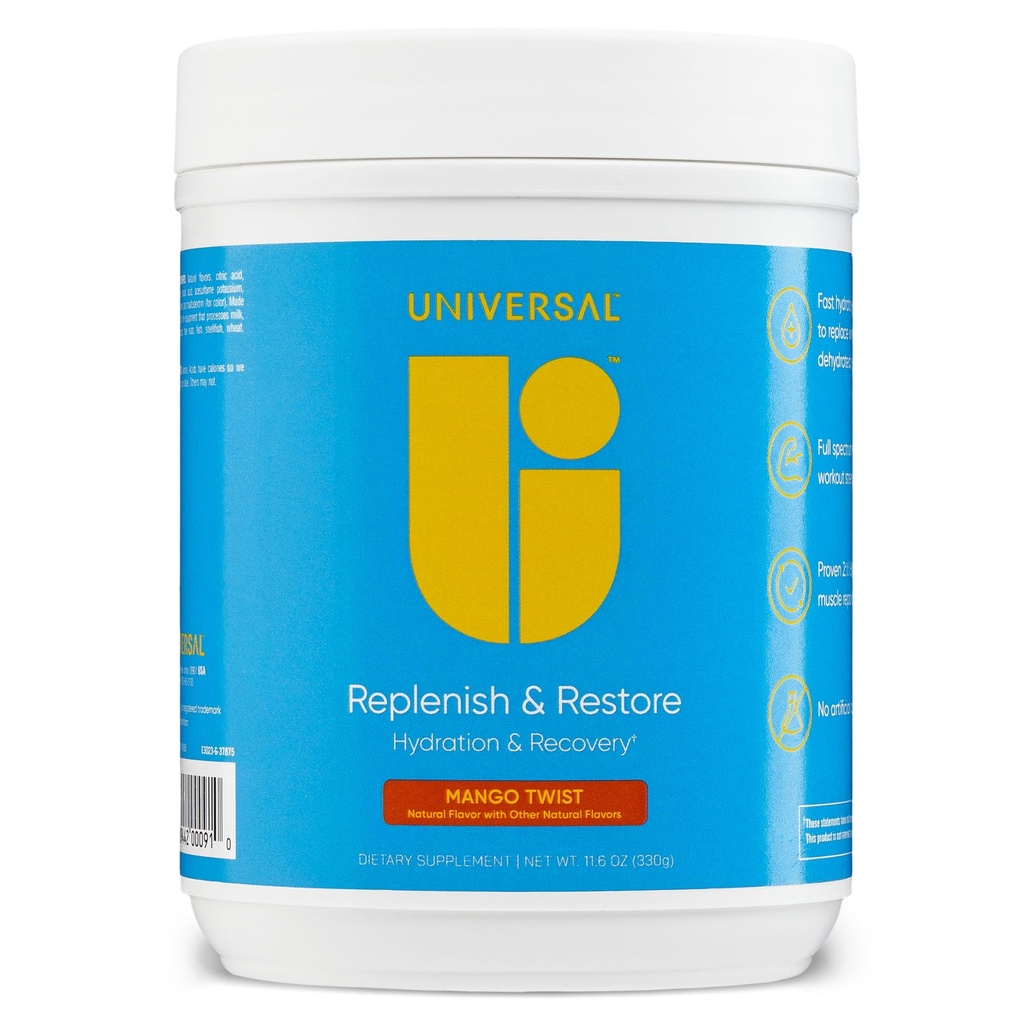 Universal U Replenish & Restore Powder, Hydration & Recovery, promuove la riparazione e la crescita del muscolo, dosaggio personalizzato, L-Lysine, L-Glutamina, L-Tryptophan, nessun aroma artificiale, 30 Servings (Mango Twist)