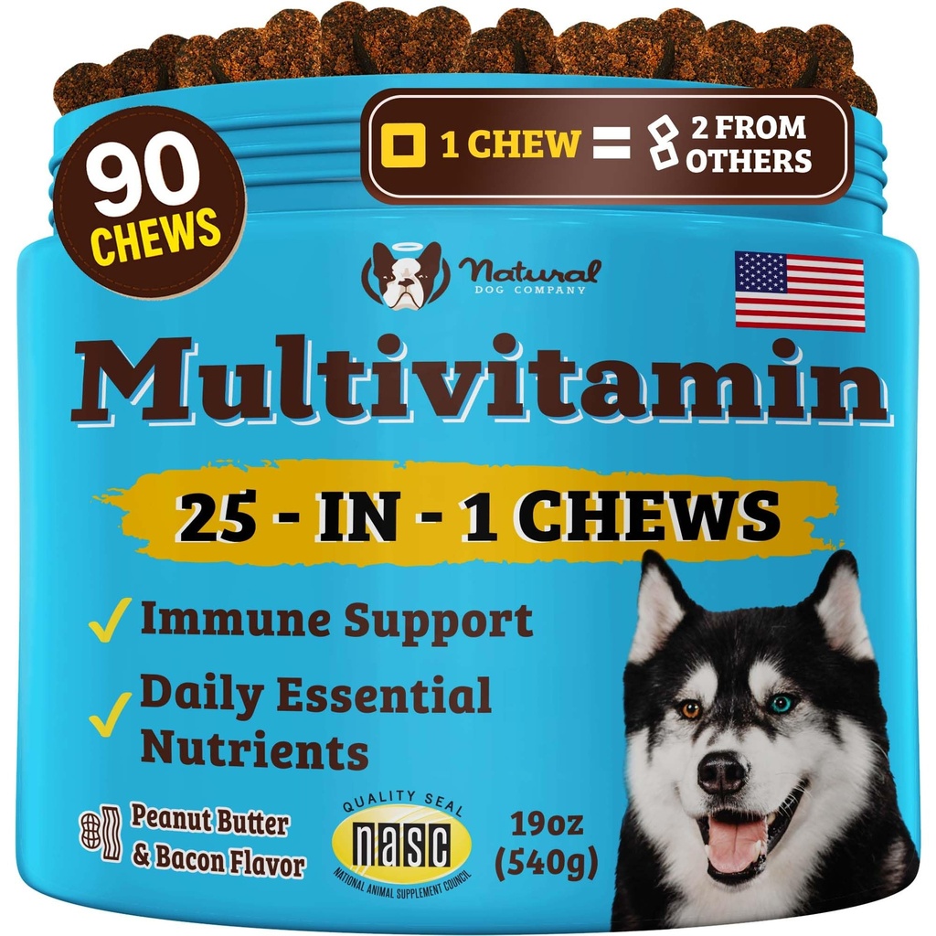 Natural Dog Company 25-in-1 Multivitaminici per cani – Vitamine di Cane Morbide Giornaliere con Antiossidanti, Zinco & Acido Folico – Supporta giunti, Pelle & Cappotto, Immune & Heart Health – Tutte le età, Tutte le razze