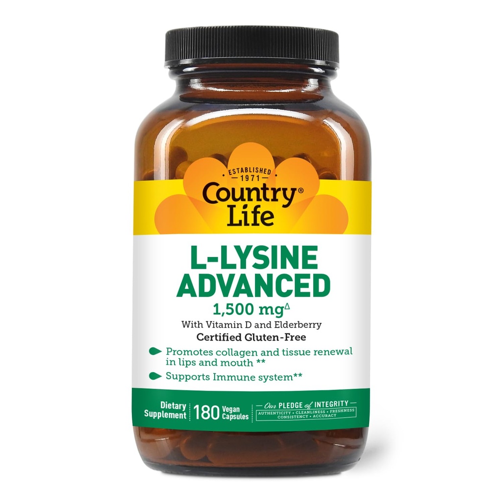 Country Life L-Lysine 1500mg Capsule con Vitamina D & Elderberry – Advanced Immune Support and Collagen Renewal – Certified Gluten-Free & Vegan – 180 Capsule