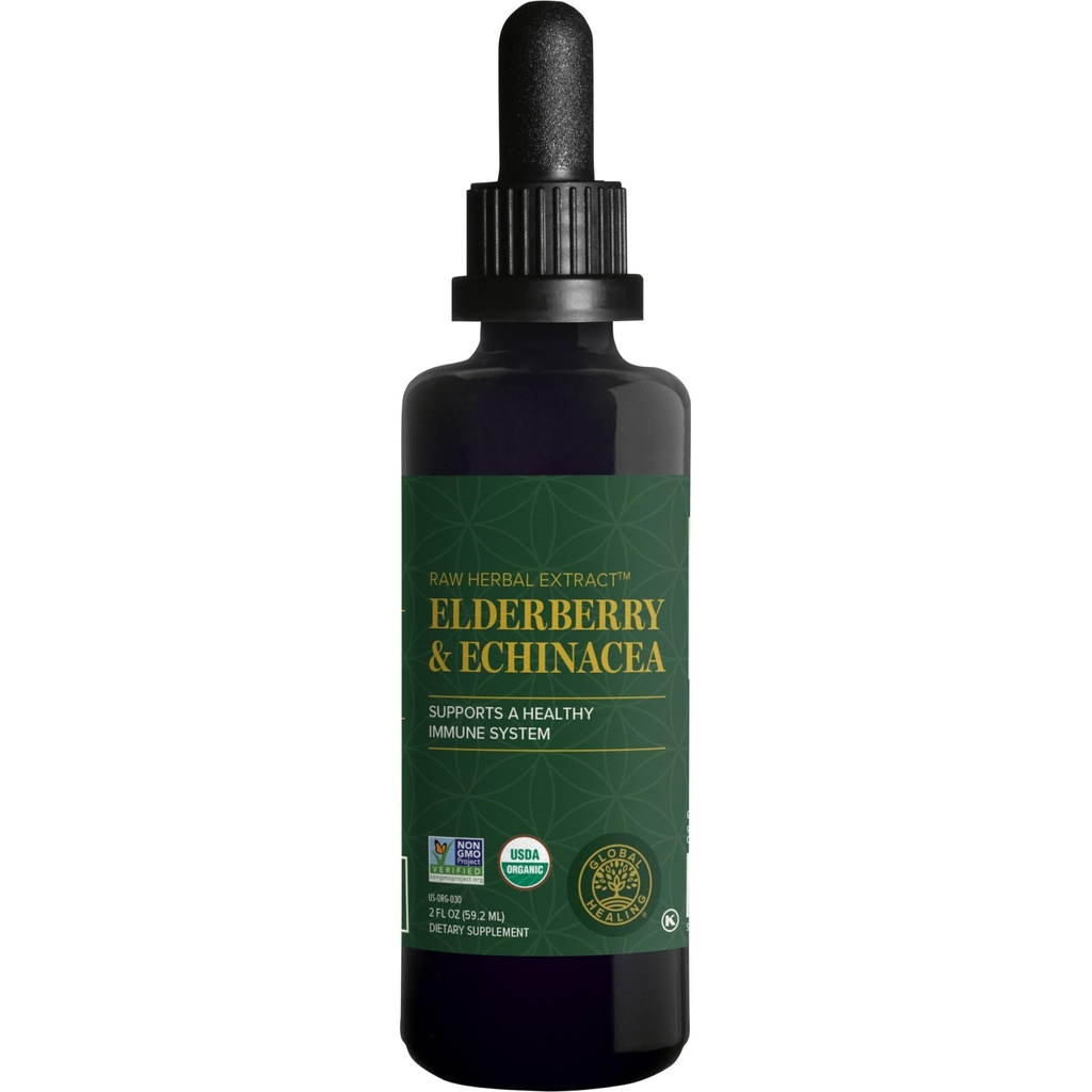 Global Healing USDA Organic Elderberry & Echinacea Liquid Supplement Tincture | Antioxidant Immune Support Against Harmful Atto per Adulti e Bambini, Vegan, Non-GMO, Alimentazione 1-Month (2 Oz)