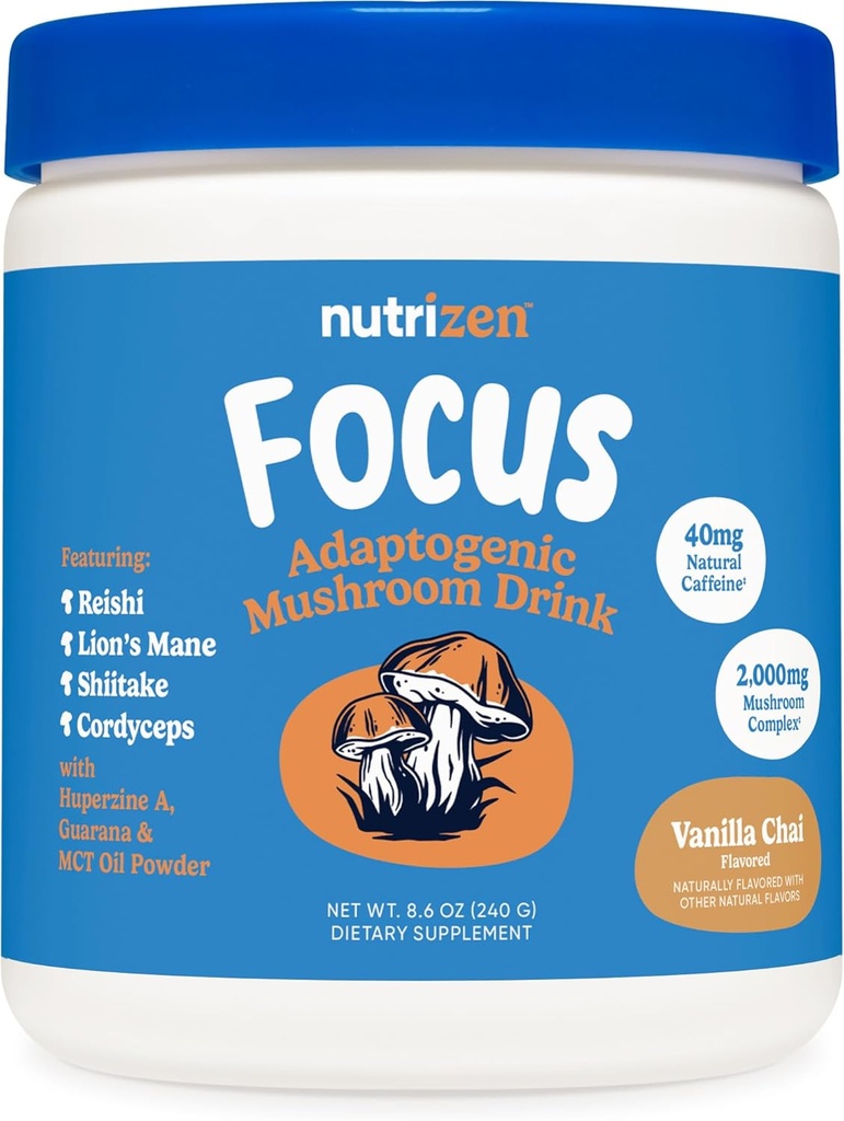 Nutricost Nutrizen AM Focus Adaptogenic Mushroom Drink (Vanilla Chai Aromaed) 30 Serve - Include Reishi, Lion's Mane, Shiitake, Cordyceps