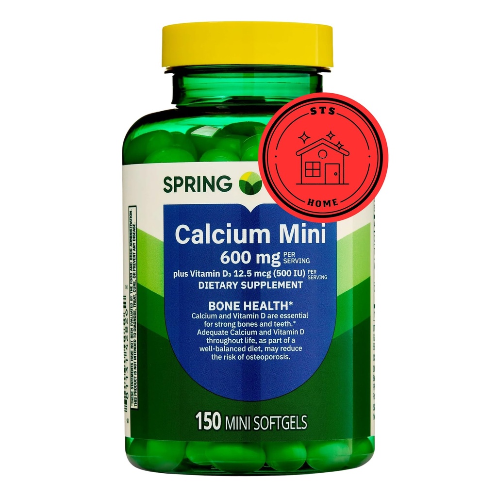 Spring Valley Calcium Plus Vitamina D3 150 Mini Softgels | Calcium Supplemento | CaIcium mini softgels | CaIcium 600 mg con vitamina d3 | 150 Mini Softgels + STS Sticker