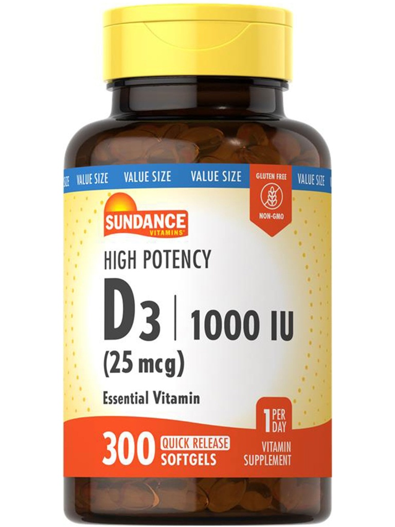 Sundance Vitamin D3 1000 IU | 300 Softgels | Alta potenza | Formula di vitamina essenziale | Non OGM e Gluten Supplemento gratuito