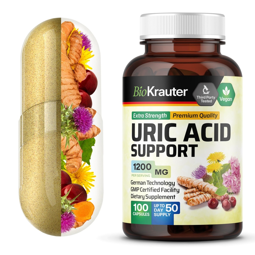 BIO KRAUTER Uric Acid Support Capsule 1200 mg di miscela - 100 Conte - Supplemento renale w/Tart Cherry 10:1 estratto - Latte Thistle & Turmeric Extract - Vegan
