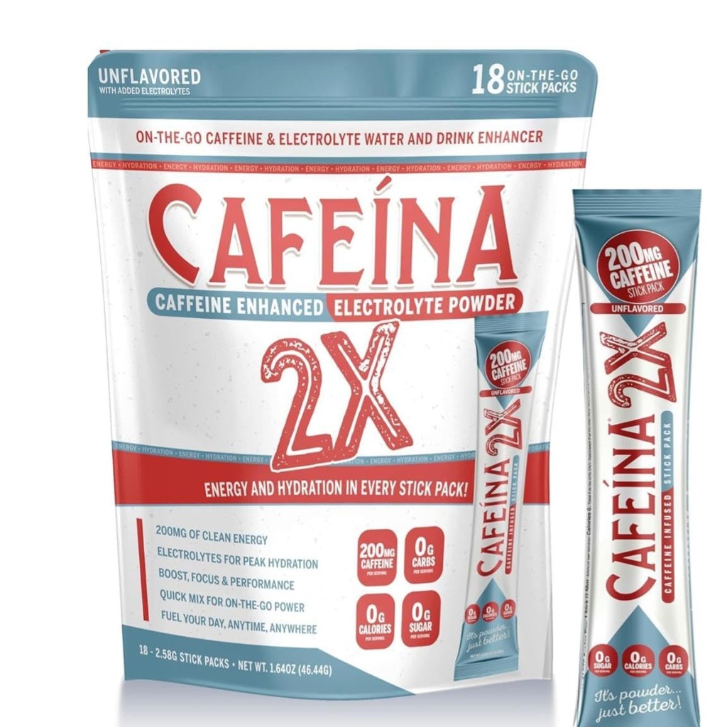 CAFEINA 2X - 200mg Caffeina ed Electrolyte infuso in polvere Stick Packs (18 Conte)