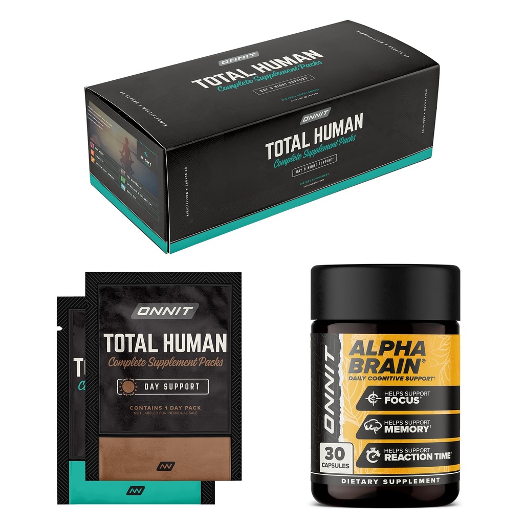 ONNIT Premium Alpha Brain Bundle - Nootropic Brain Supplement (30 Conte) per Focus, Concentrazione e Memoria + Total Human Day e Night Vitamin Packs for Men and Women (30-Day Supply)