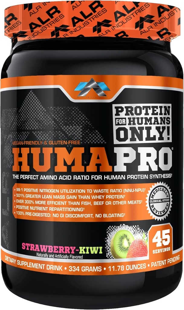 Humapro | Aminoacidi Protein Matrix per gli esseri umani | 99% Utilizzo per il muscolo magra | Vegan, Gluten Free | 334g / 45 Servings (Strawberry Kiwi)
