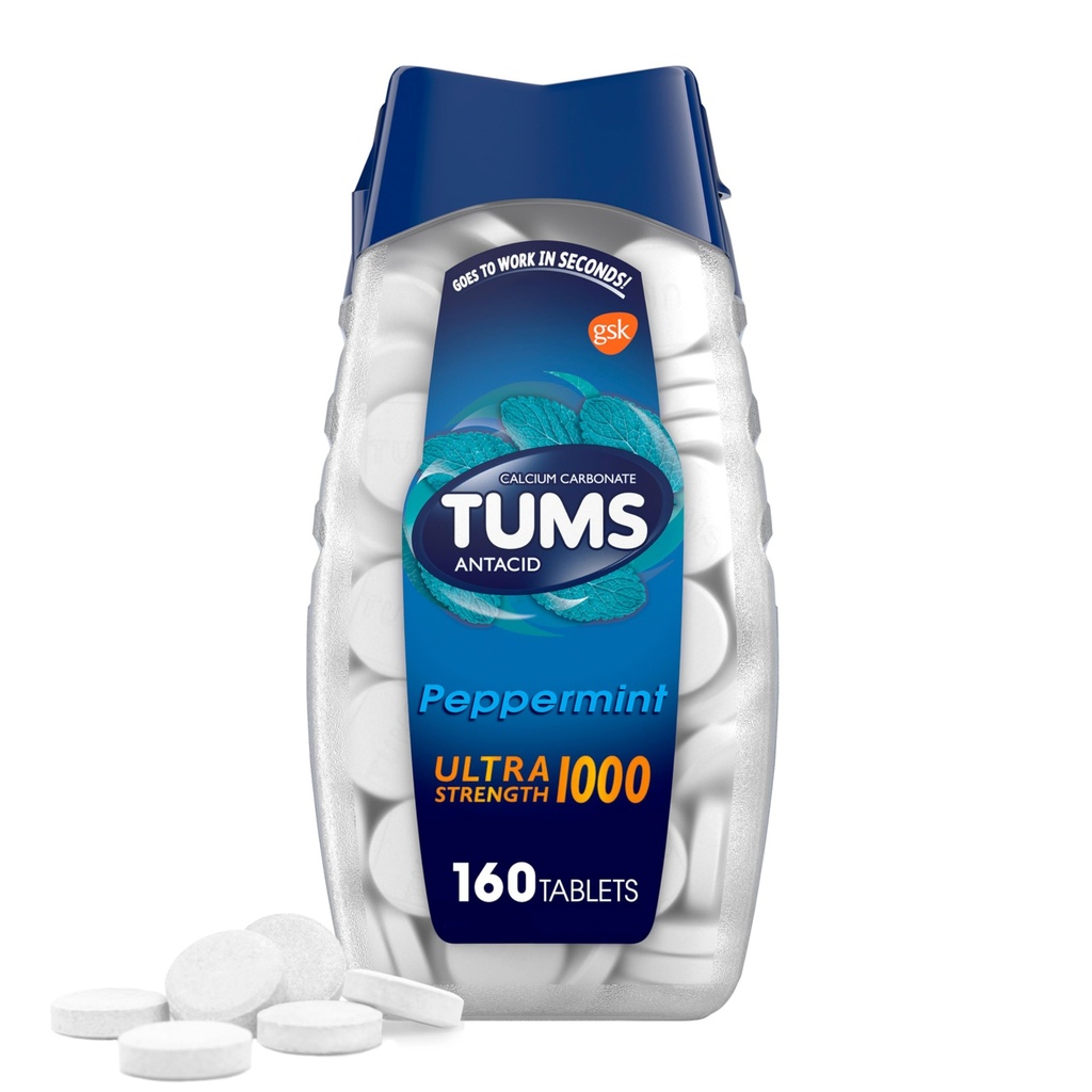Tavolini per antenne masticabili TUMS Ultra Strength per sollievo da bruciore di stomaco, menta piperita - 160 conte