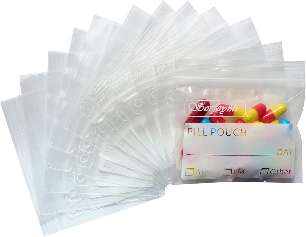 Serfeymi Pill Bags for Travel Pill Pouch Organizer Pack di 120 BPA Free 3 x 2,75 pollici Reusable Pill Pouches for Medicine with Write on Label & Zipper Seal impermeabili AM PM Pill Baggies for Supplements