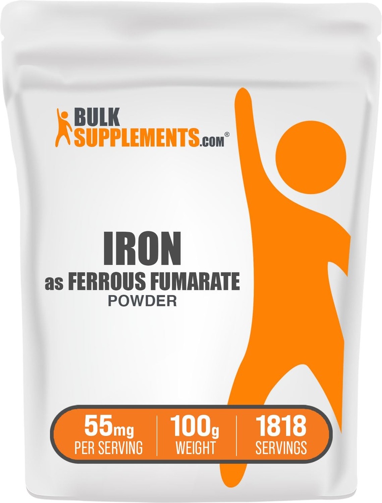 BulkSupplements.com Ferrous Fumarate Powder - Minerale essenziale, Supplemento di ferro per gli uomini e le donne - Gluten Free, 55mg per Serving, 100g (3.5 oz) (Pack of 1)