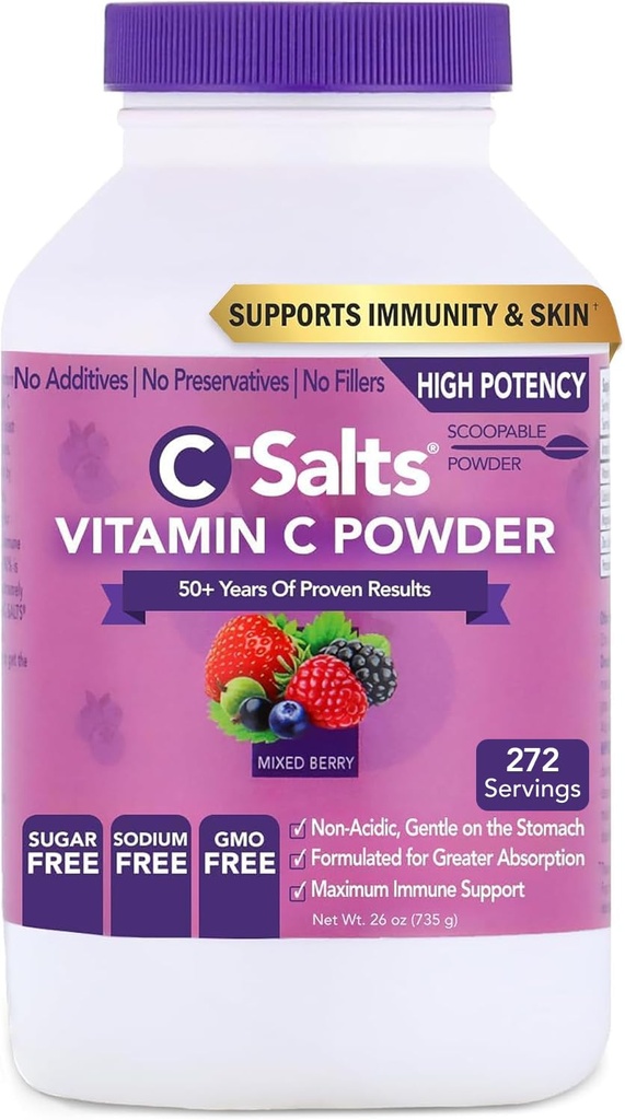 C-Salts Vitamin C Powder Supplement - 100% Pure High Dose Buffered Vitamin C Polvere per il supporto immunitario - Organico, senza zucchero, Vegan, Non OGM, Stomach-Friendly, Bacca mista 26oz