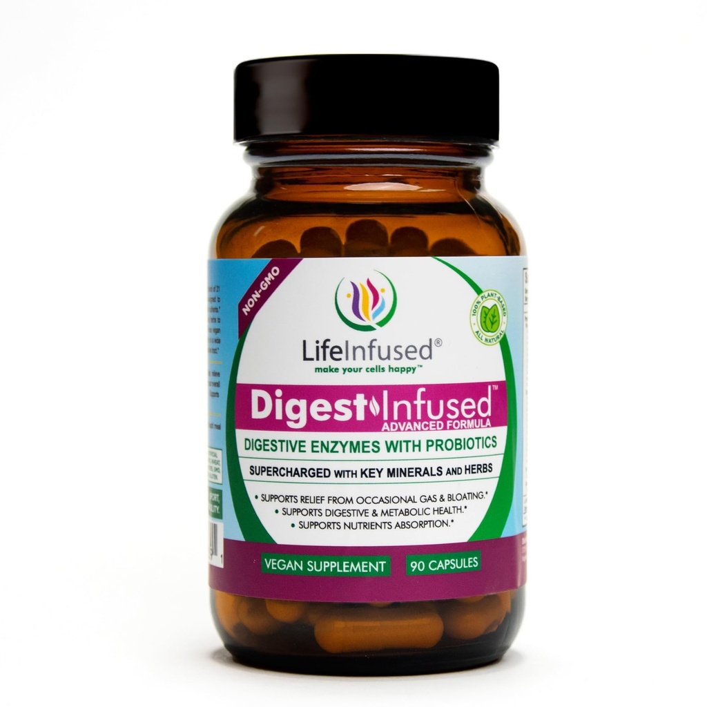 Life Infused - Integratori di enzimi digestivi premium - 21 Enzimi basati sulle piante, Proteases, Bromelain, Amylase, Papain - Probiotici, 72 minerali chiave & Herbs - Ease Gas & Bloating. 90 Serve.