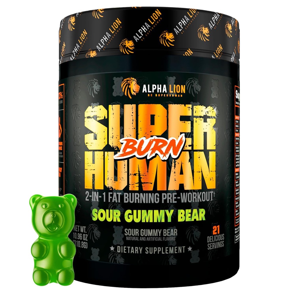 ALPHA LION Superhuman Burn – 2 in 1 Metabolismo Booster Pre Workout e termogenic Fat Burner per gli uomini – Appetite Suppressant and Weight Loss Supplement (21 Servings, Sour Gummy Bear)