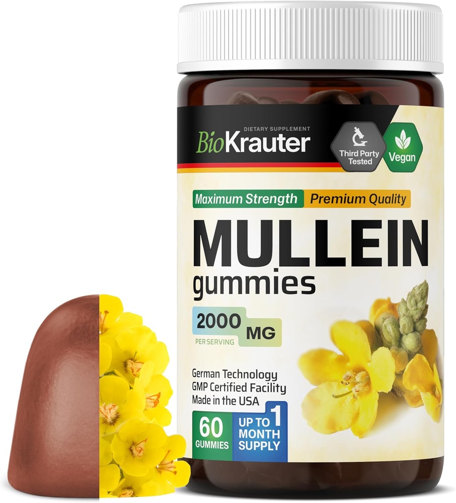 BIO KRAUTER Mullein Gummies per polmoni 2000 mg - 60 Chews - Integratore di disintossicazione polmonare - Gummie di polmonare - Vegan, Gelatine-Free