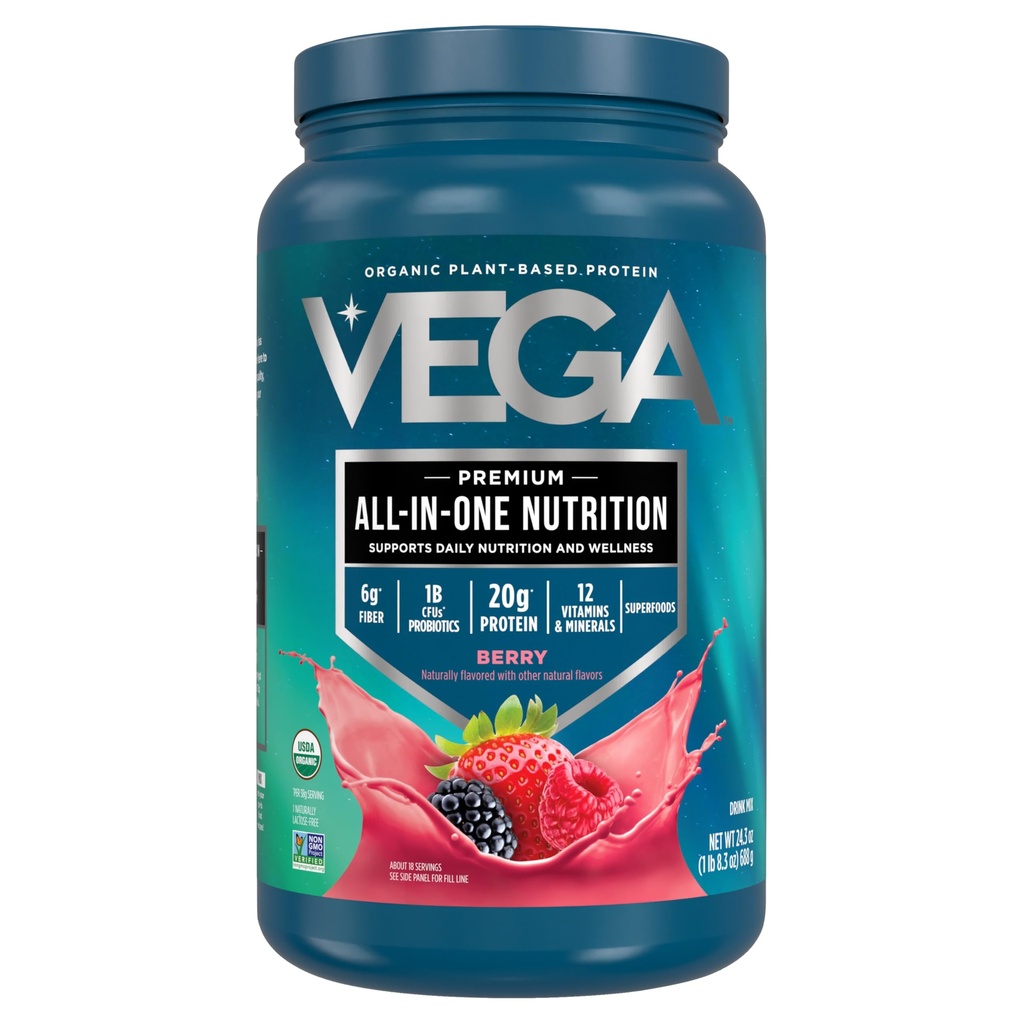 Vega Tutto in una nutrizione organica - 20g pianta-based Pea Protein, Berry, 20 Serve, Vitamine A & C, Probiotici, Verdi, Vegan, Keto, Gluten Free, 24.3oz (Packaging May Vary)