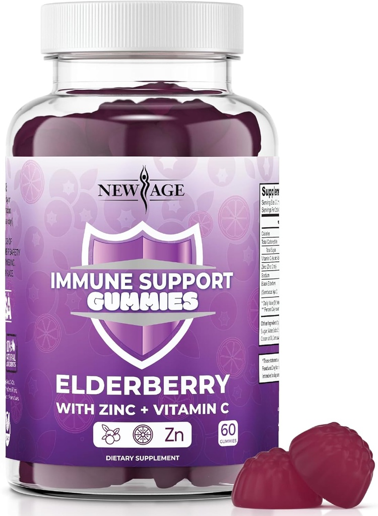 NEW AGE Immune System Support Gummies - Sambucus Black Elderberry Gummies con vitamina C e zinco (Supporto immunitario 60 Gummies)