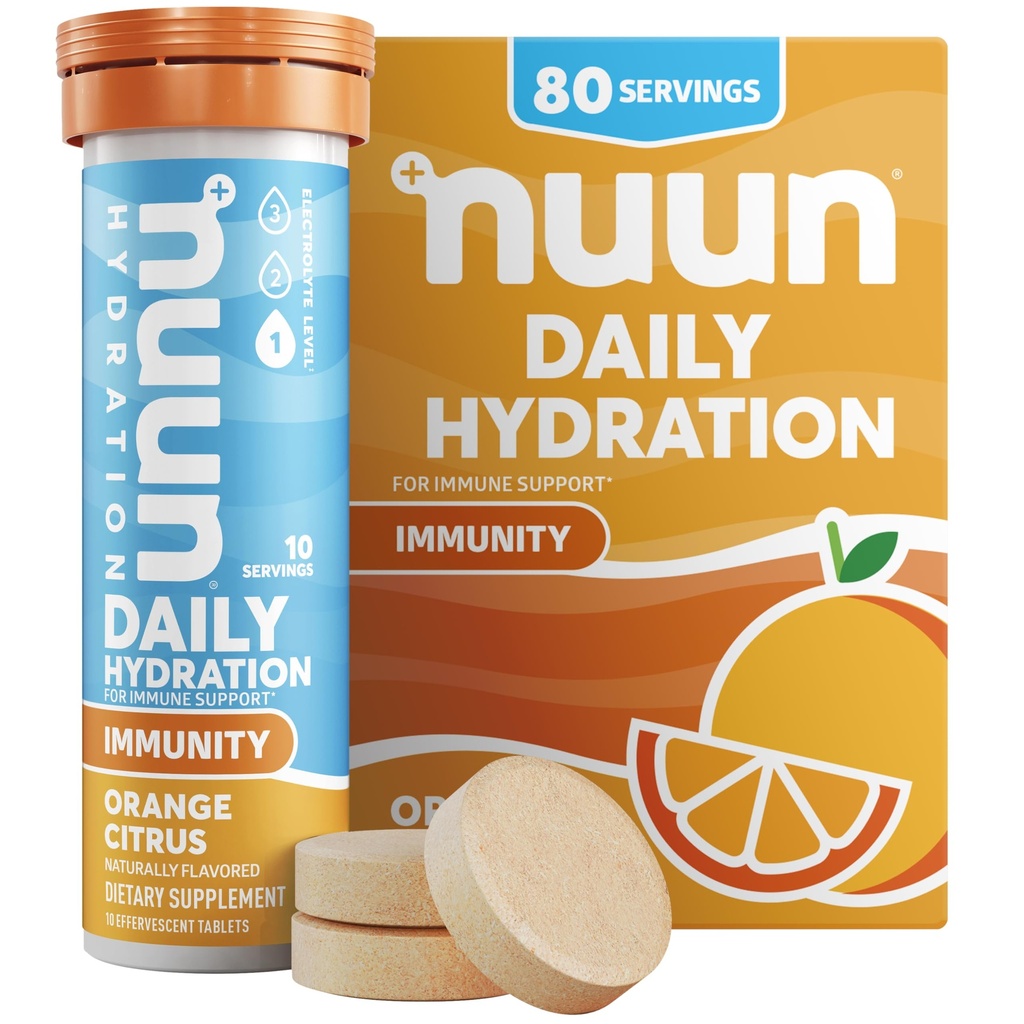 Immunità Nuun Electrolyte Tablets con vitamina D, C, E, & A, Ginger, Elderberry, Magnesio & 4 altri elettroliti essenziali, Vegan, agrumi arancio, 8 Pack (80 Serve Totale)