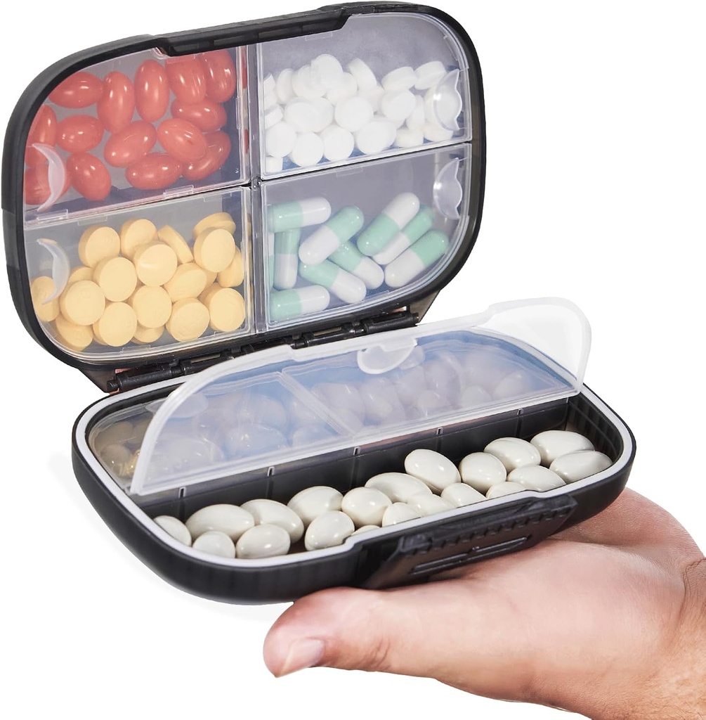 Organizzatore di pillole di viaggio di Sukuos Settimanale con doppia serratura, scatola di pillole portatile con ampio 7 scomparti, contenitore di caso di medicina quotidiana ermetico con etichette per vitamine / oli di fondo / materie prime