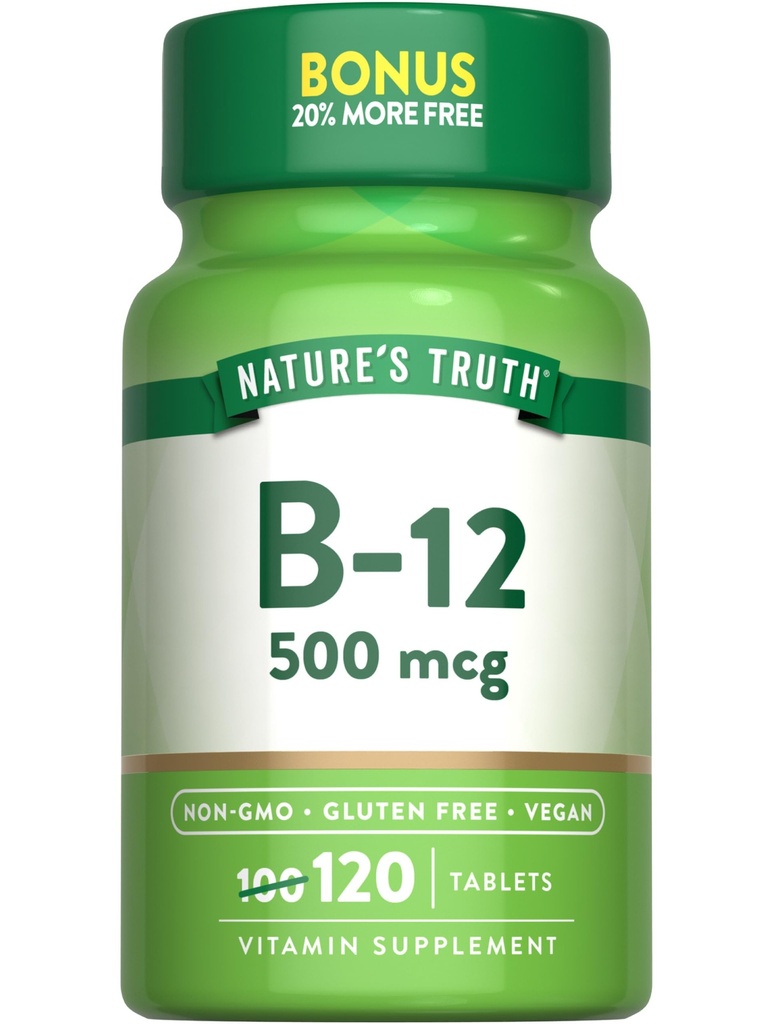 La verità della natura B12 Vitamina | 500 mcg | 120 compresse | Vegan, Non OGM & Gluten Supplemento gratuito