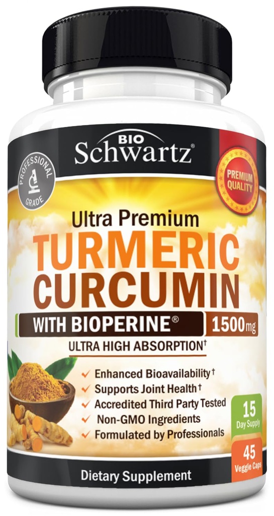 Curcumina erboristica con estratto di pepe nero 1500mg - Alto assorbimento Ultra Potente supplemento di curcuma con 95% Curcuminoidi e BioPerine - Capsule Tumeriche Non OGM per il supporto congiunto - 45 Capsule