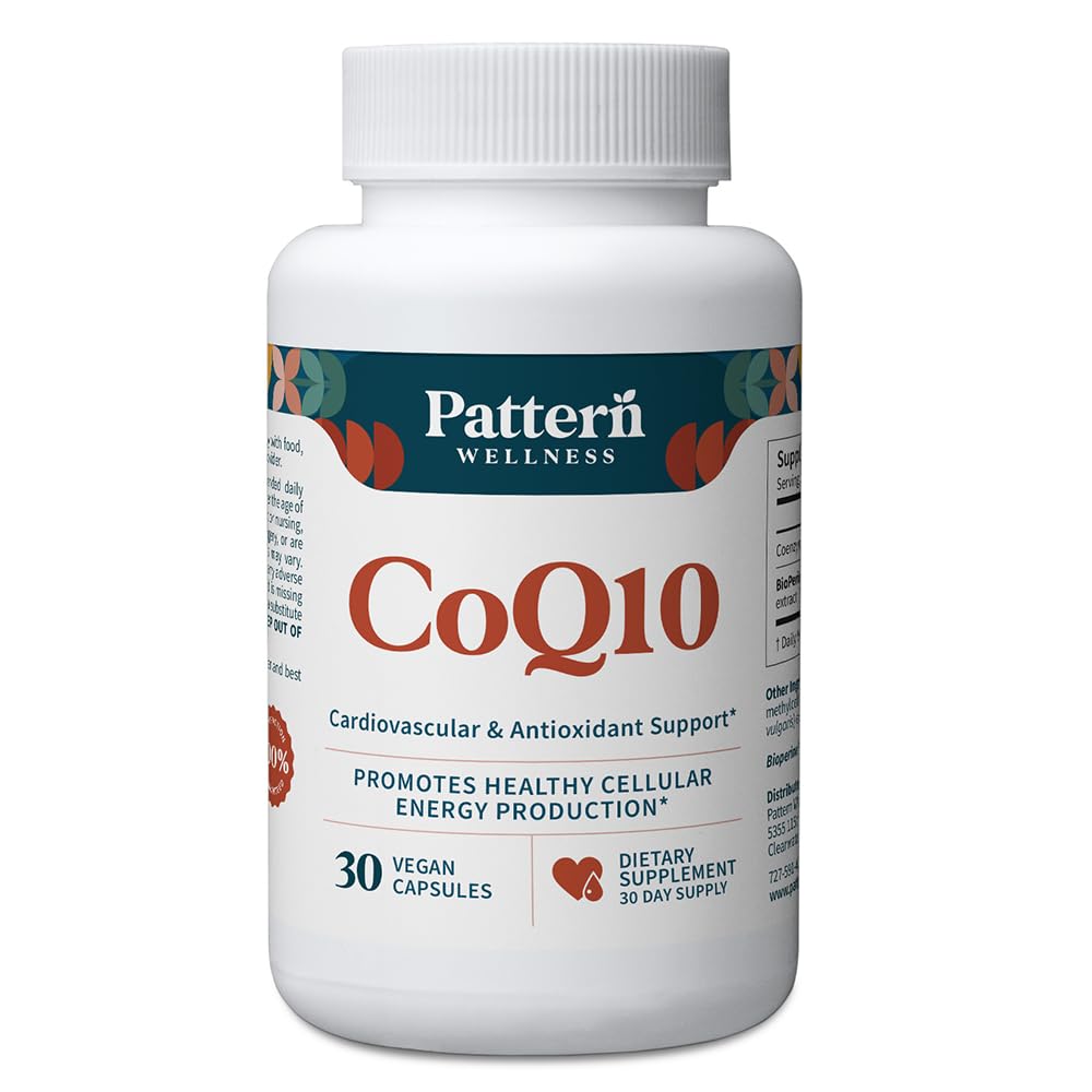 Pattern Wellness CoQ10 – 200 mg Ubiquinone con estratto di pepe nero BioPerine® – Supporto per energia cellulare e vitalità – Non OGM – 30 capsule vegane*