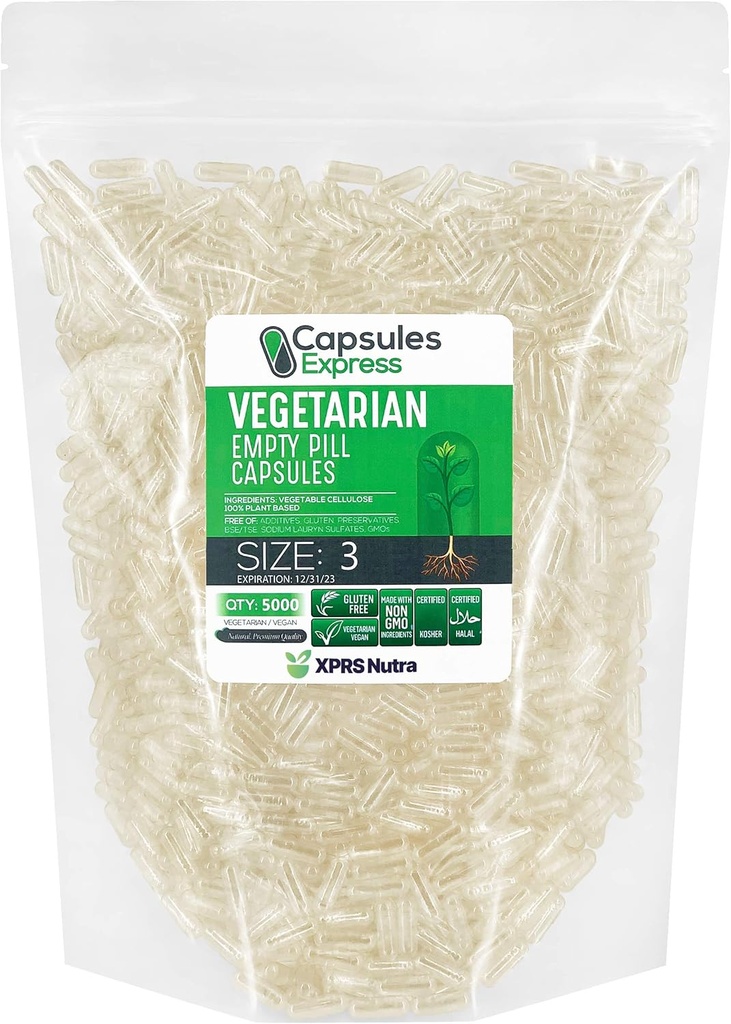 XPRS Nutra Size 3 capsule vuote - 5000 conteggio capsule vegane vuote - Pillole vuote vegetariane - Riempimento di capsule vegetali fai da te - Capsula di pillole vegetariane