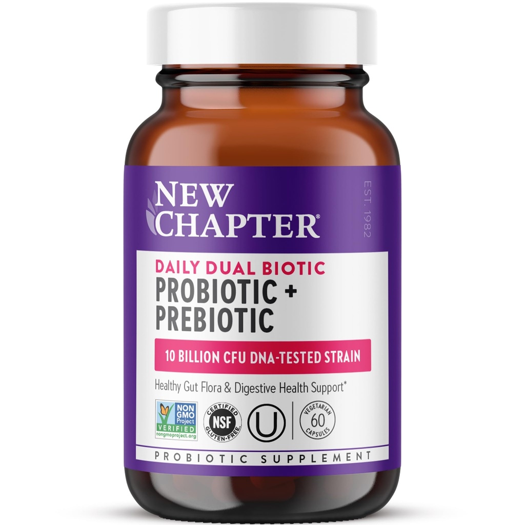 Nuovo Capitolo Daily Dual Biotic Probiotic + Prebiotico per Digestione & Microbiome Salute, 100% Vegan, Soia Libero, Non OGM, 60 Conte (2 Mesi di Alimentazione)