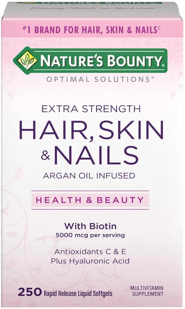 Capelli Bounty della natura e chiodi 5000 mcg di Biotina - 250 compresse rivestite Regolare & Extra Forza (Extra Strength, Due Bottiglie ciascuno di 250 Softgels)