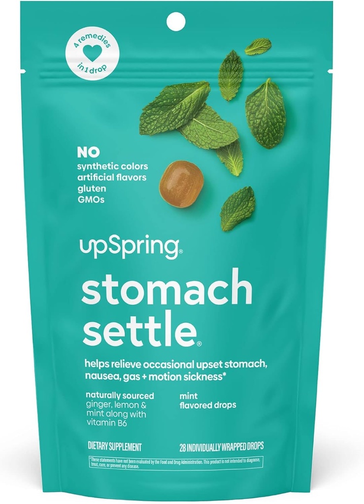 UpSpring Stomach Settle Drops for Occasional Nausea Relief/Upset Stomach with Ginger, Lemon, Spearmint e B6. Mint Flavor Drops, 28 Ct(Packaging May Vary)