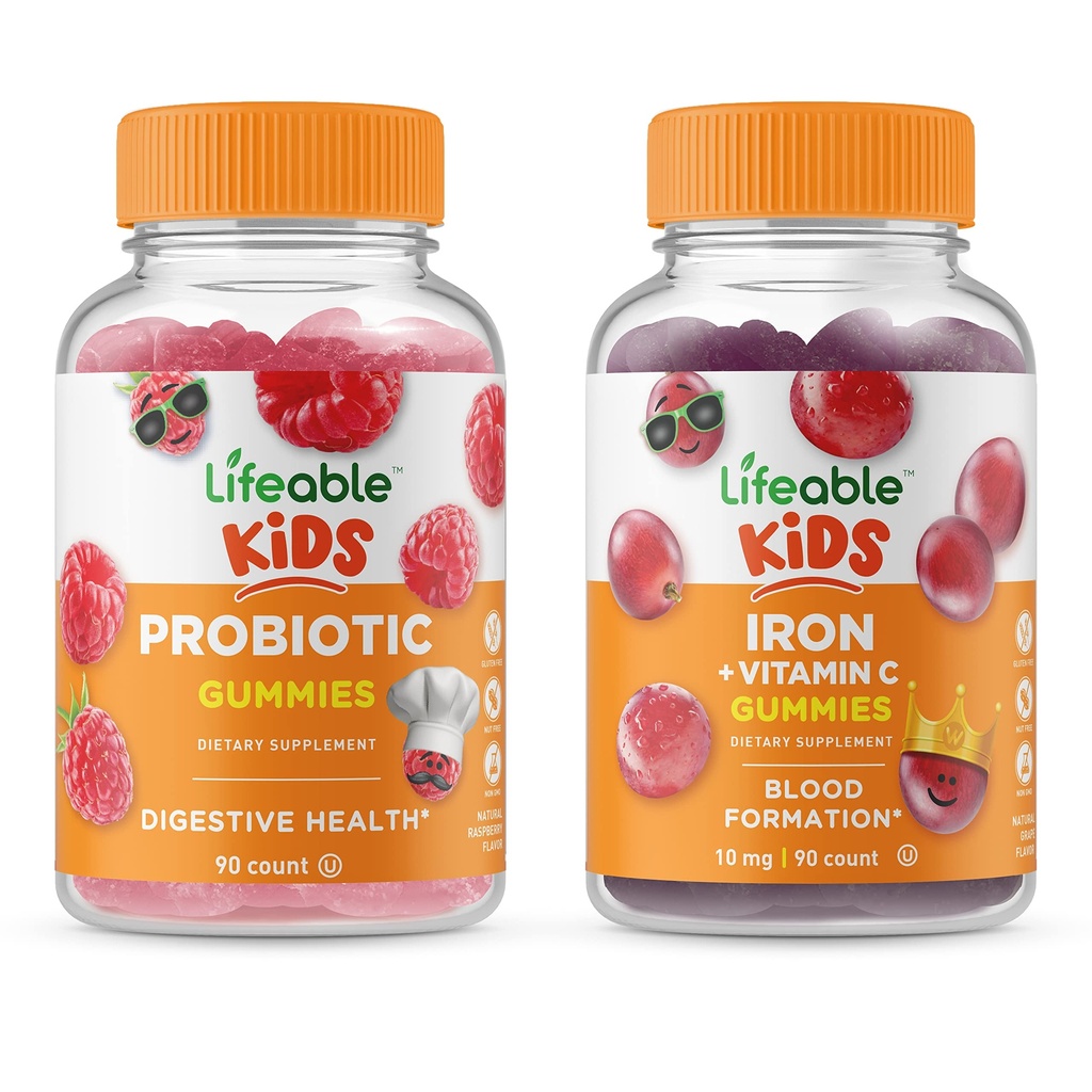 Probiotico Lifeable 2 miliardi di CFU Bambini + Ferro e Vitamina C Bambini, Gummies Bundle - Grande Degustazione, Supplemento di vitamina, Senza glutine, OGM Free, Gomma masticabile