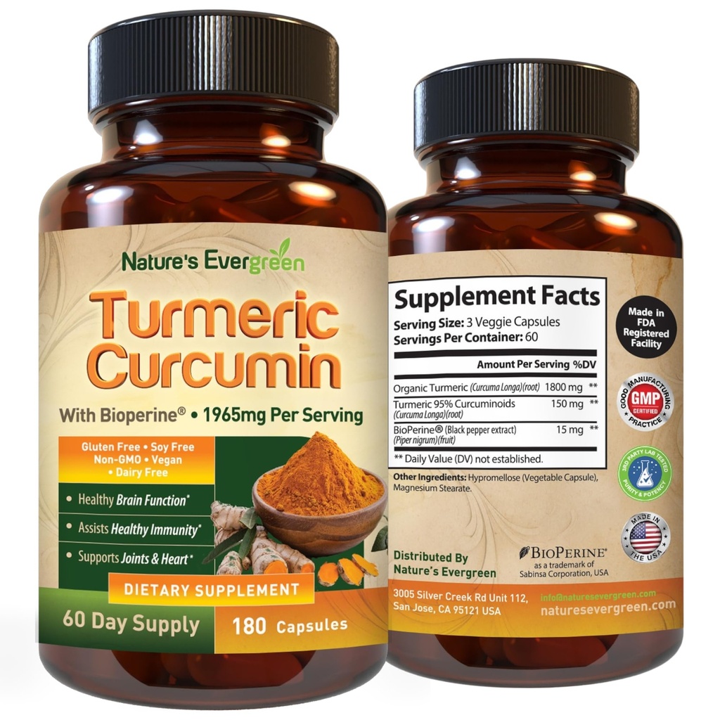 Curcumina di curcuma con estratto di pepe nero (Bioperine) & Integratore di supporto misto curcuma biologico Vegan. Estratto 95% Curcuminoids 1965mg Supplemento per Giunti sani e supporto immunitario. 180 capsule