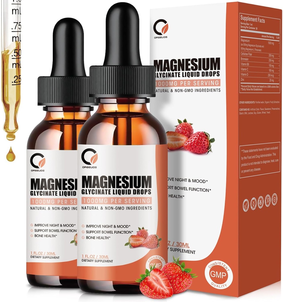 Magnesio Glycinate Gocce Liquide, 1000 mg Supplemento di Magnesio Liquido con Bromelain, Vitamina B6 C D, Complesso di Magnesio ad Alta Assorbimento per Notte, Supporto Muscolo & Energia, 1 Fl Oz (Pack of 2)