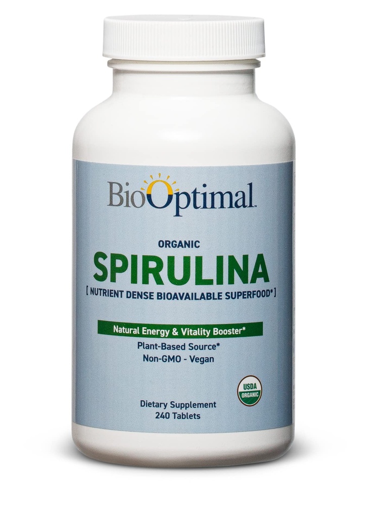BioOptimal Organic Spirulina Tablets - Organico, Non OGM, No Additivi o Filler - 500mg Premium Quality Integratore alimentare con Vitamine, Minerali e Antiossidanti (240 compresse)
