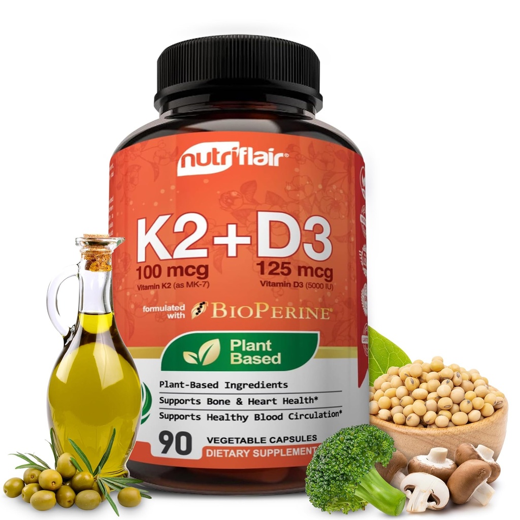 NutriFlair Vitamine D3 (5000iu/125mcg) + K2 (come Mk7) - Realizzate con ingredienti basati sulle piante Plus BioPerine Black Pepper Extract, 90 Capsule - Supporta Immune sano, Cuore e Salute - Pillole non OGM