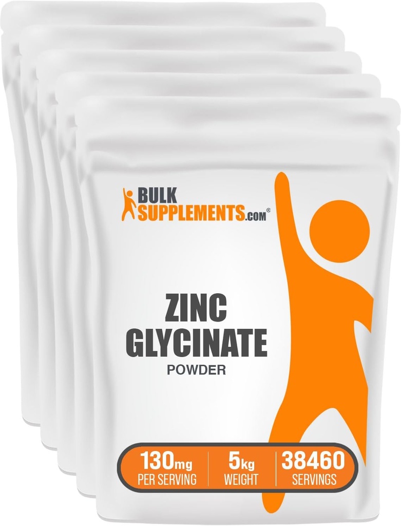 BulkSupplements.com Polvere di glicinato di zinco - Supplemento di zinco, Supplemento minerale per il supporto immunitario - Gluten Free, 130mg per porzione, 5kg (11 lbs) (Pack of 5)