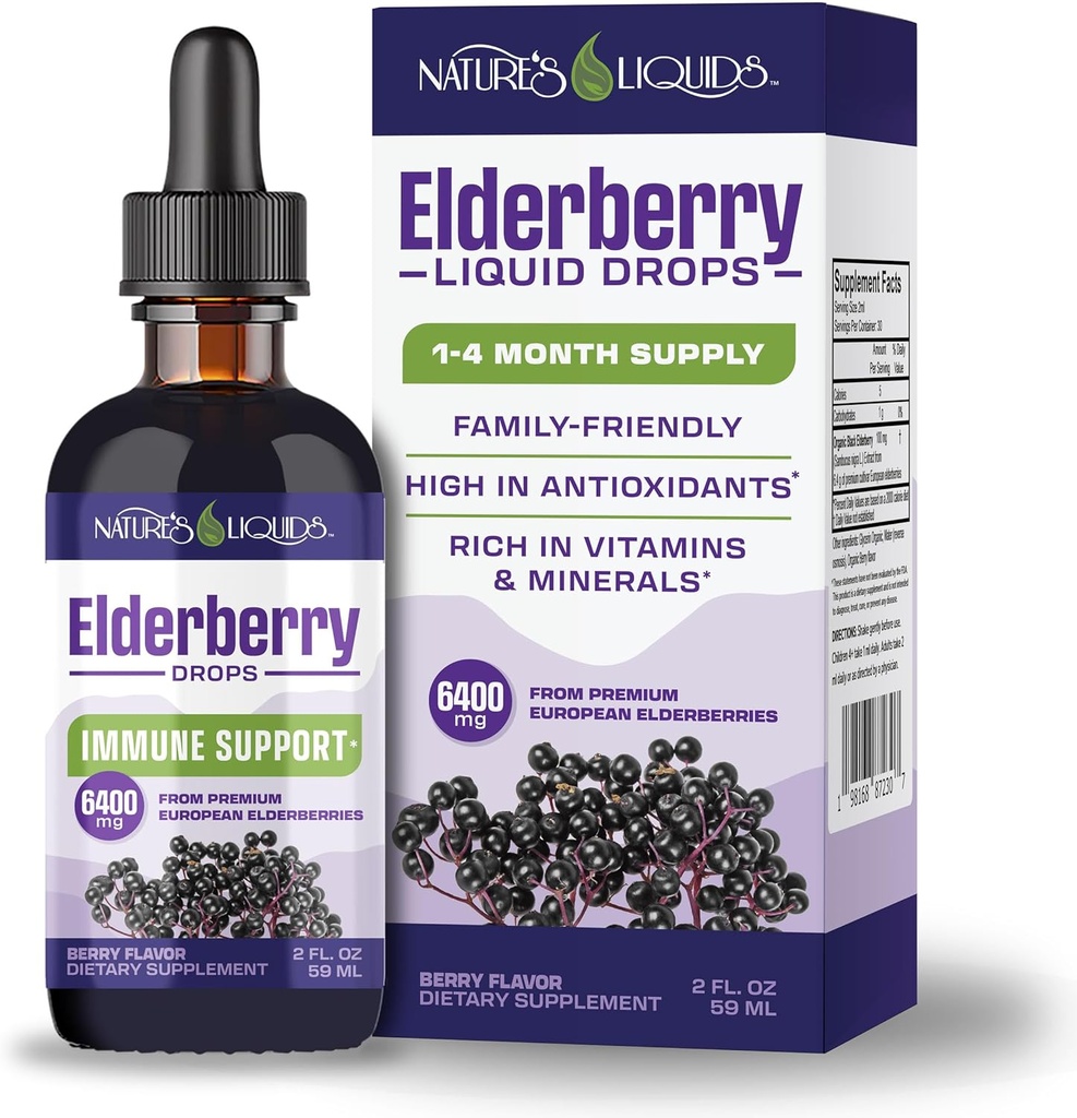 Liquidi della natura Organic Elderberry Syrup Sugar Free | Supporto immunitario per bambini e adulti | 1 Serve Pari 60 Anziani (2 Fl Oz)
