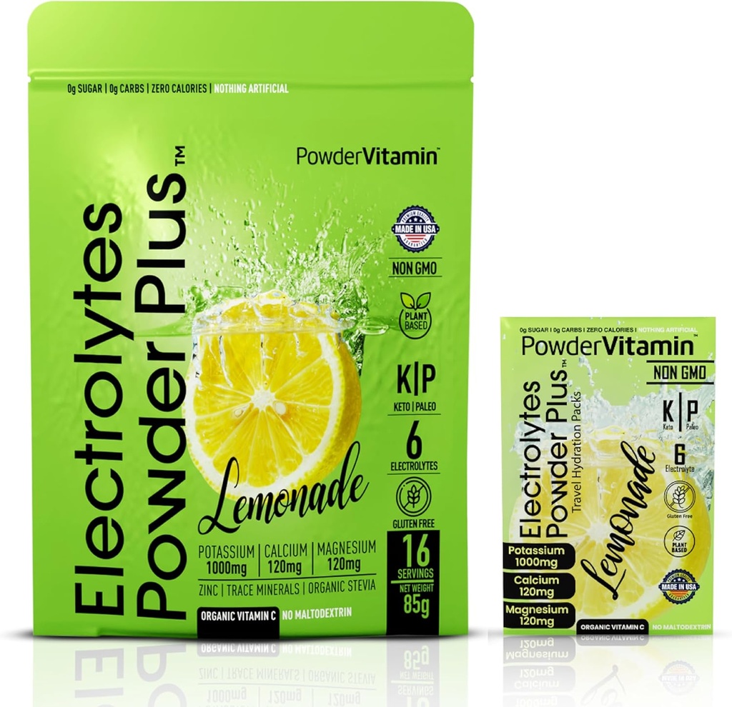 PolvereVitamin Electrolytes Powder Plus, Keto, Limonata, Zucchero Libero, Sale himalayano rosa, Potassio da 1000mg, Calcium da 120 mg, Magnesio da 120 mg, Non OGM, Calorie Zero, (16 Hydration Packets)