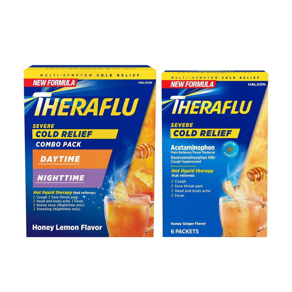 Theraflu Severe Cold Relief Polvere liquida calda Combo: 12ct Daytime/Nighttime Honey Lemon Flavor + 6ct Daytime Honey Ginger Flavor