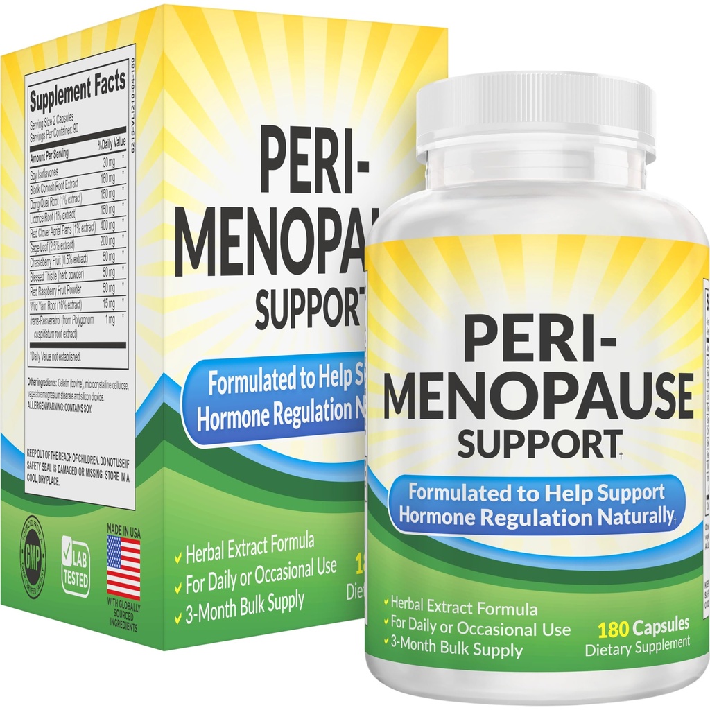 Perimenopause Support (3-Month) Supplement Blend | Women's Health & Hormone Support with 11 Herbs & Extracts | Female Hormonal Balance Supplements | 90-Day Bulk Supply | 180 Capsules