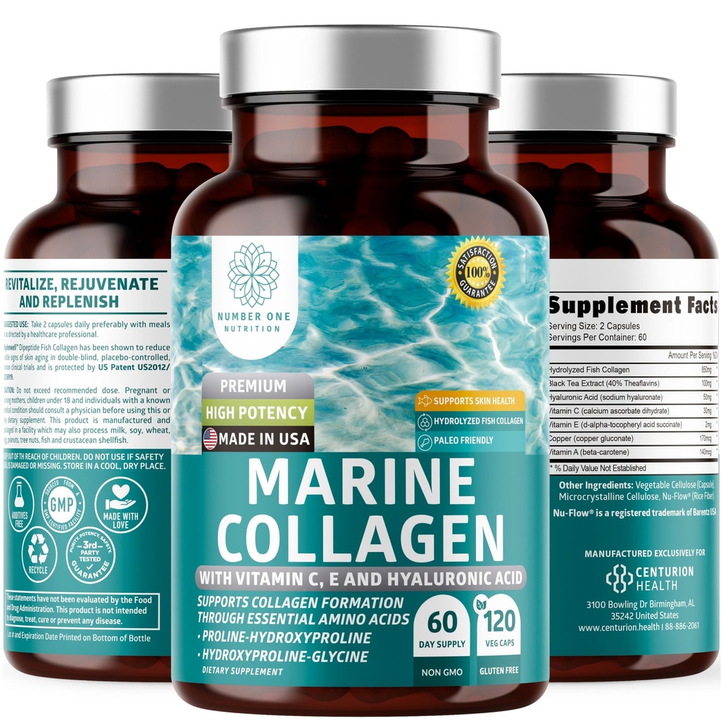 Dipeptidi di collagene marino Premium con acido ialuronico, vitamina C, teaflavina e rame, supplemento di collagene per le donne e gli uomini per la pelle radiante, capelli e unghie, senza glutine e non OGM, 120 tappi di veg