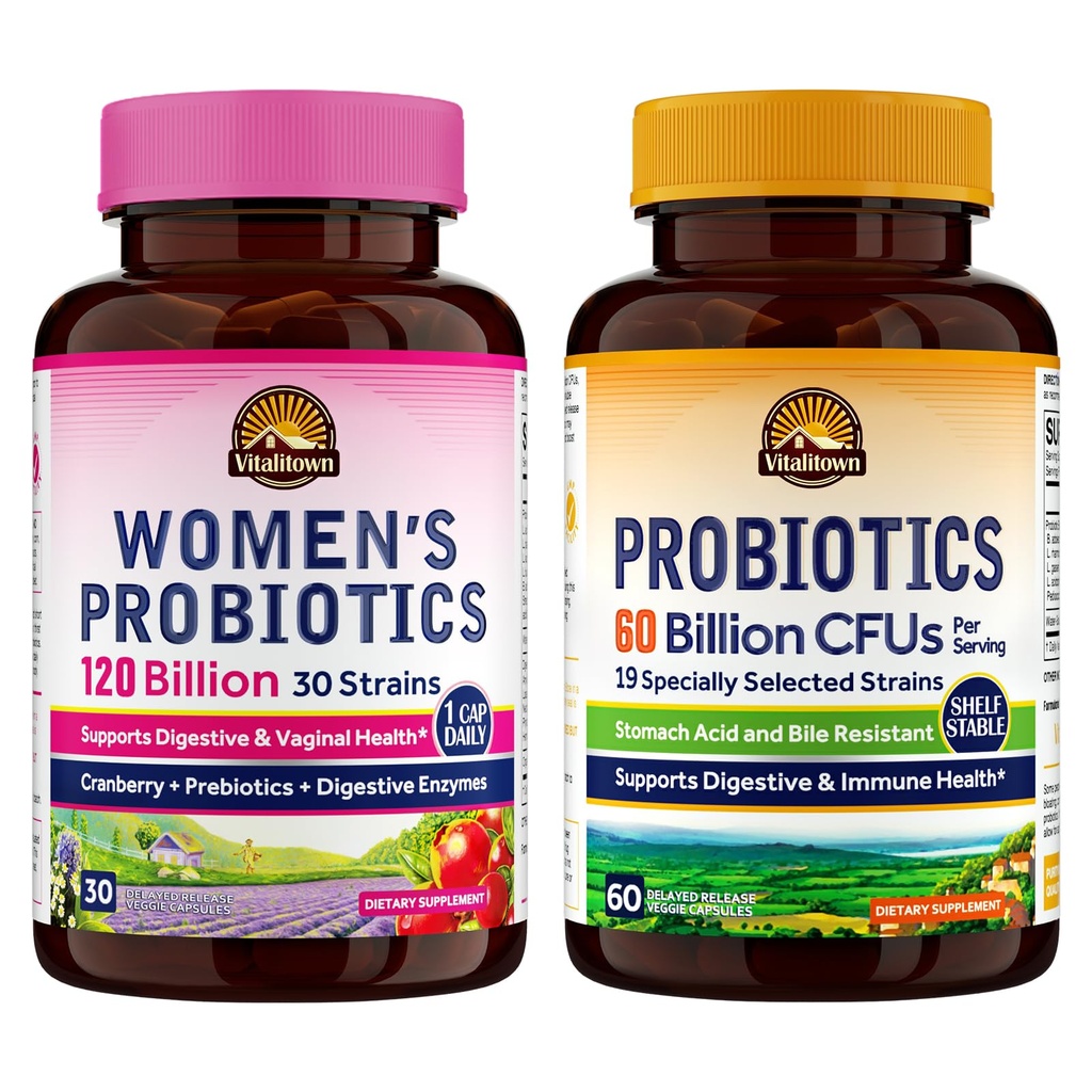 Vitalitown Probiotic Bundle (Pack of 2) | Probiotici 120 miliardi di donne (Item 1) & Probiotics 60 miliardi (Item 2) | Shelf Stable | Digestive & Women’s Health | 30 Serve Ogni