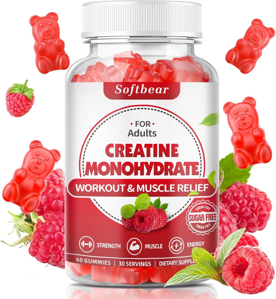 Softbear Creatine Monohydrate Gummies per le donne, Vegan Creatina Supplemento 5000mg Creatina HCL Pre Workout Gummies per Muscle Builder Strength Raspberry Flavor 60 Conte