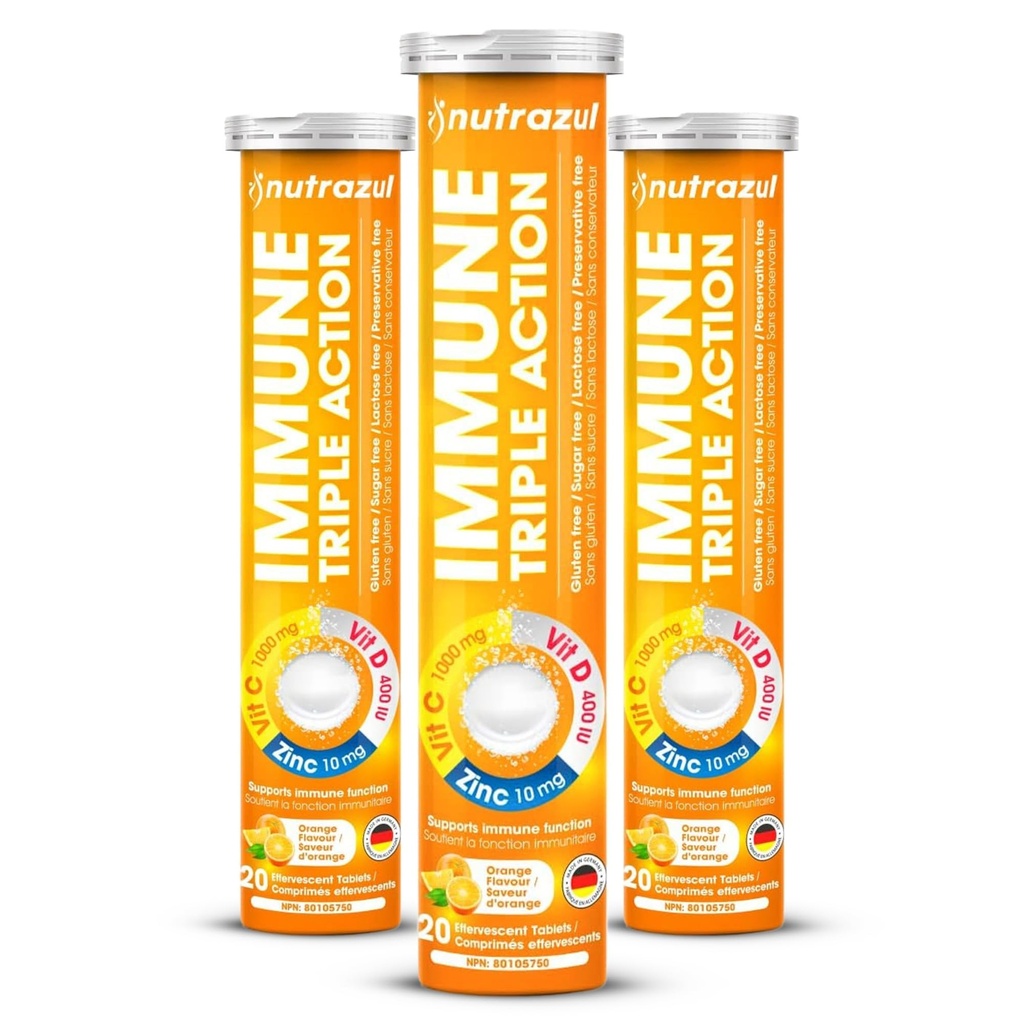 nutrazul Immune Triple Action Effervescenti Tablets con vitamina C 1000mg, vitamina D, zinco, supporto routine quotidiana, senza glutine, senza zucchero, senza lattosio, aroma arancione, 20 compresse, (pacchetto di 3)